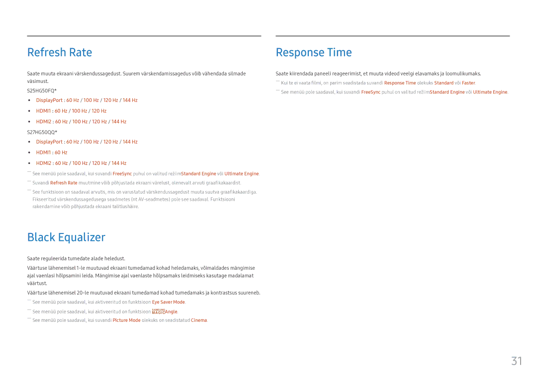 Samsung LS25HG50FQUXEN manual Refresh Rate, Black Equalizer, Response Time 