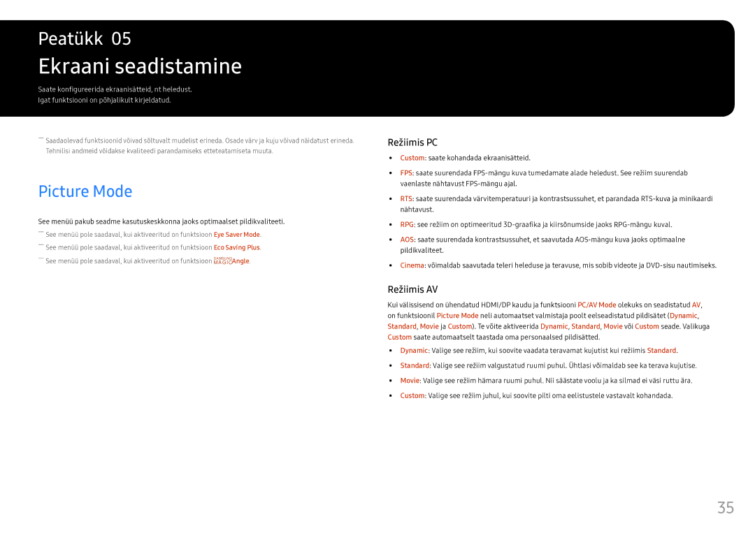 Samsung LS25HG50FQUXEN manual Ekraani seadistamine, Picture Mode 