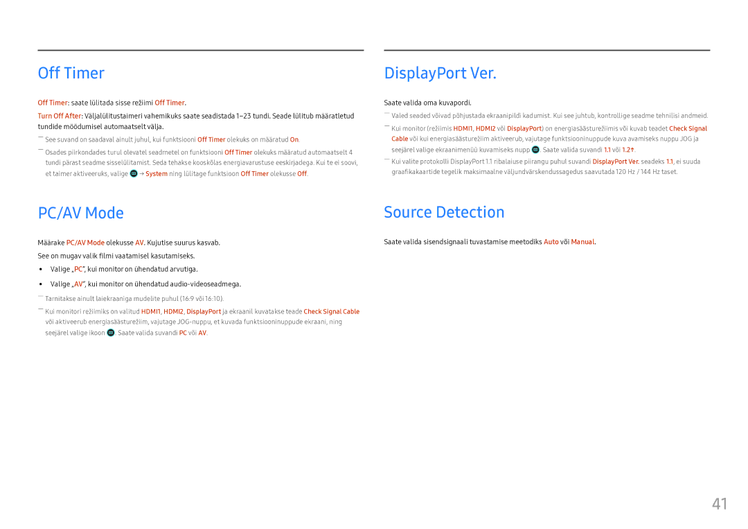 Samsung LS25HG50FQUXEN manual Off Timer, DisplayPort Ver, PC/AV Mode, Source Detection, Saate valida oma kuvapordi 