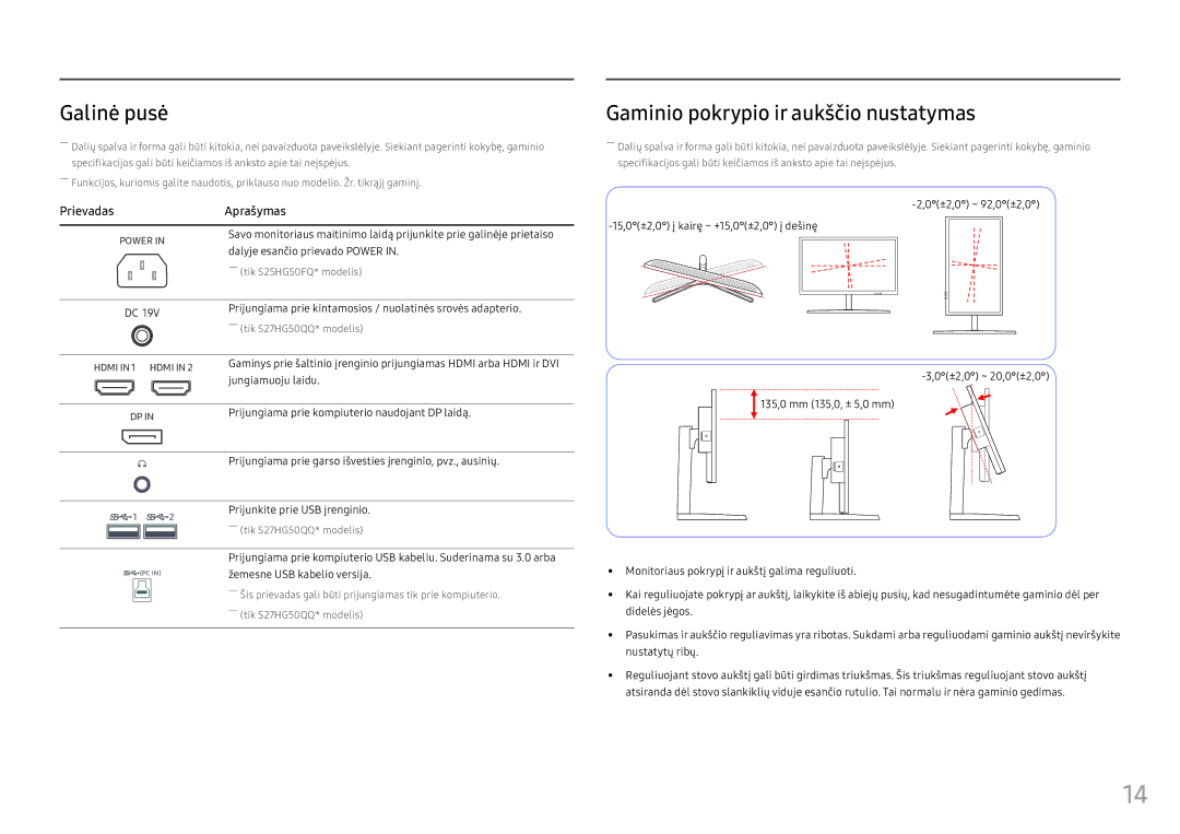 Samsung LS25HG50FQUXEN manual Galinė pusė, Gaminio pokrypio ir aukščio nustatymas, Prievadas 