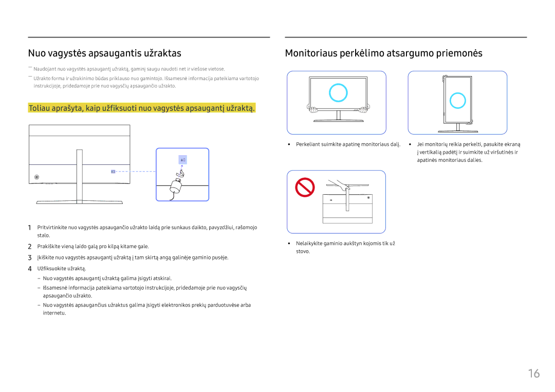 Samsung LS25HG50FQUXEN manual Nuo vagystės apsaugantis užraktas, Monitoriaus perkėlimo atsargumo priemonės 