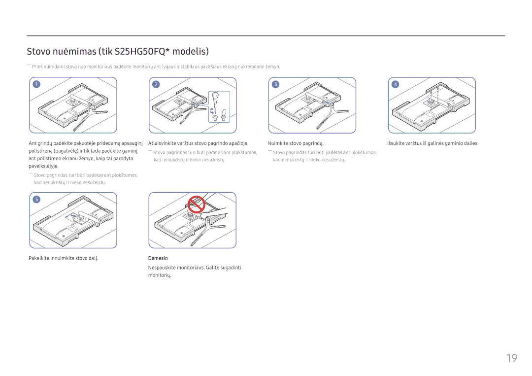 Samsung LS25HG50FQUXEN manual Stovo nuėmimas tik S25HG50FQ* modelis, Pakelkite ir nuimkite stovo dalį, Monitorių 