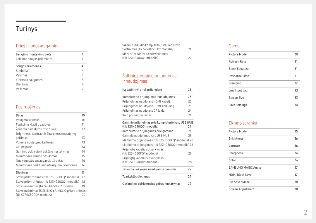 Samsung LS25HG50FQUXEN manual Turinys 
