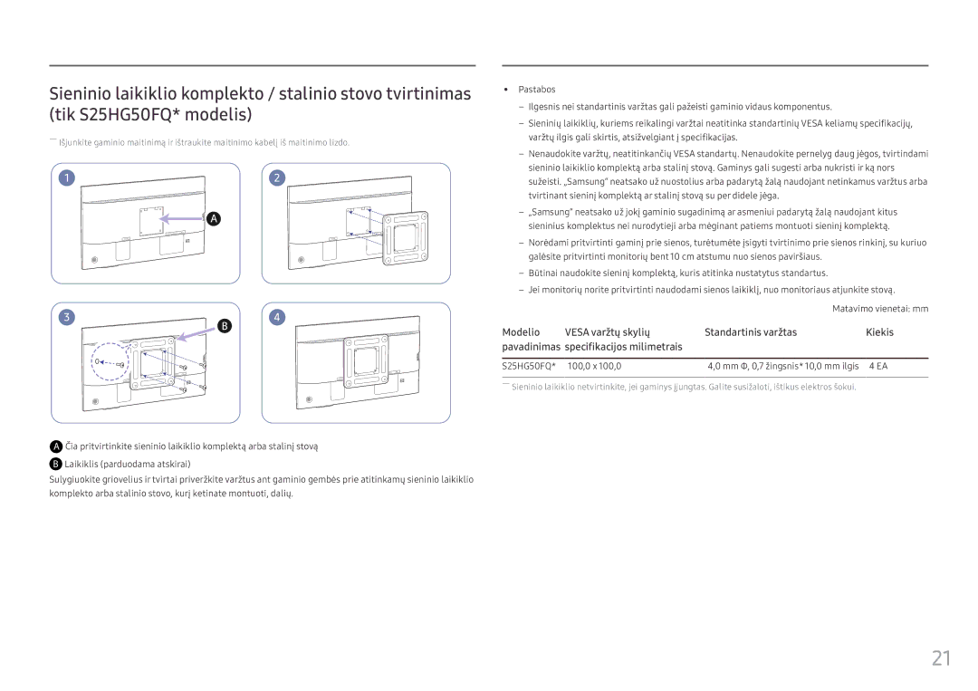 Samsung LS25HG50FQUXEN manual Modelio Vesa varžtų skylių Standartinis varžtas, Pavadinimas Specifikacijos milimetrais 