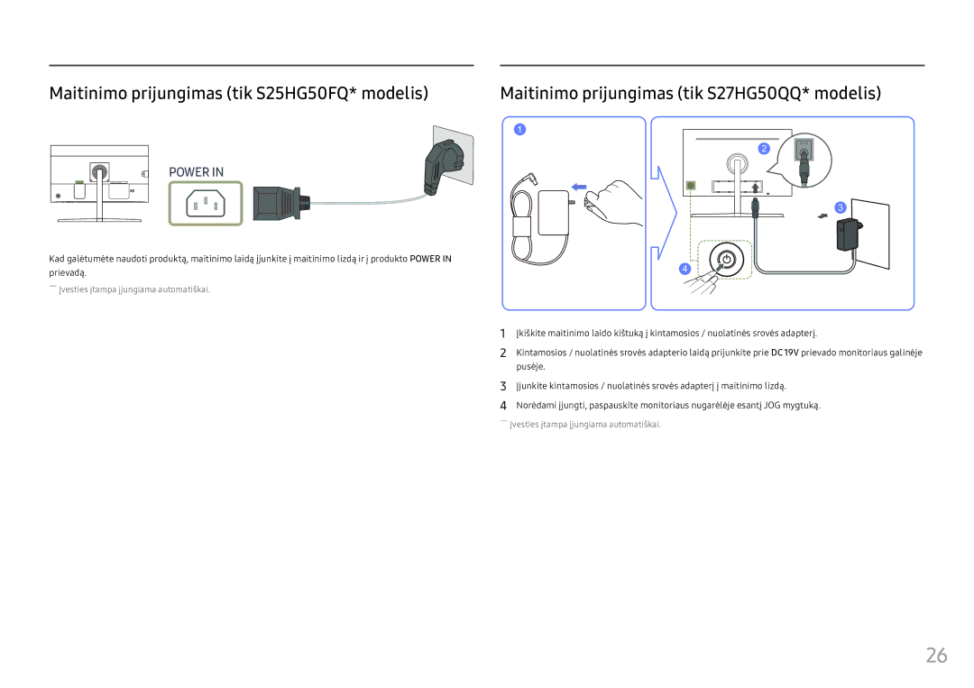 Samsung LS25HG50FQUXEN manual Maitinimo prijungimas tik S25HG50FQ* modelis, Maitinimo prijungimas tik S27HG50QQ* modelis 