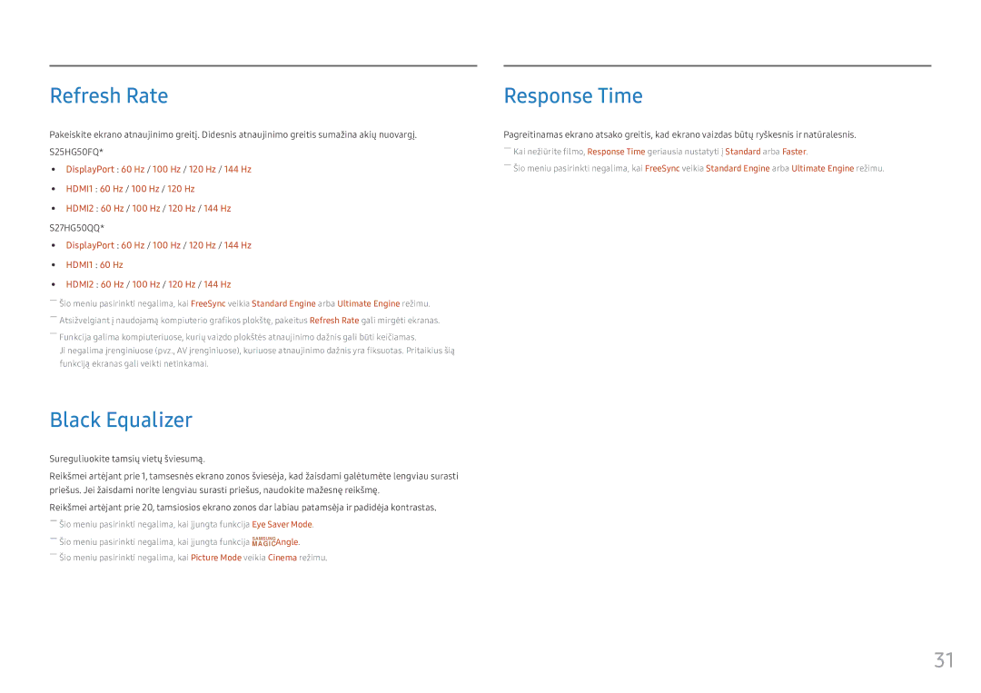 Samsung LS25HG50FQUXEN manual Refresh Rate, Black Equalizer, Response Time 