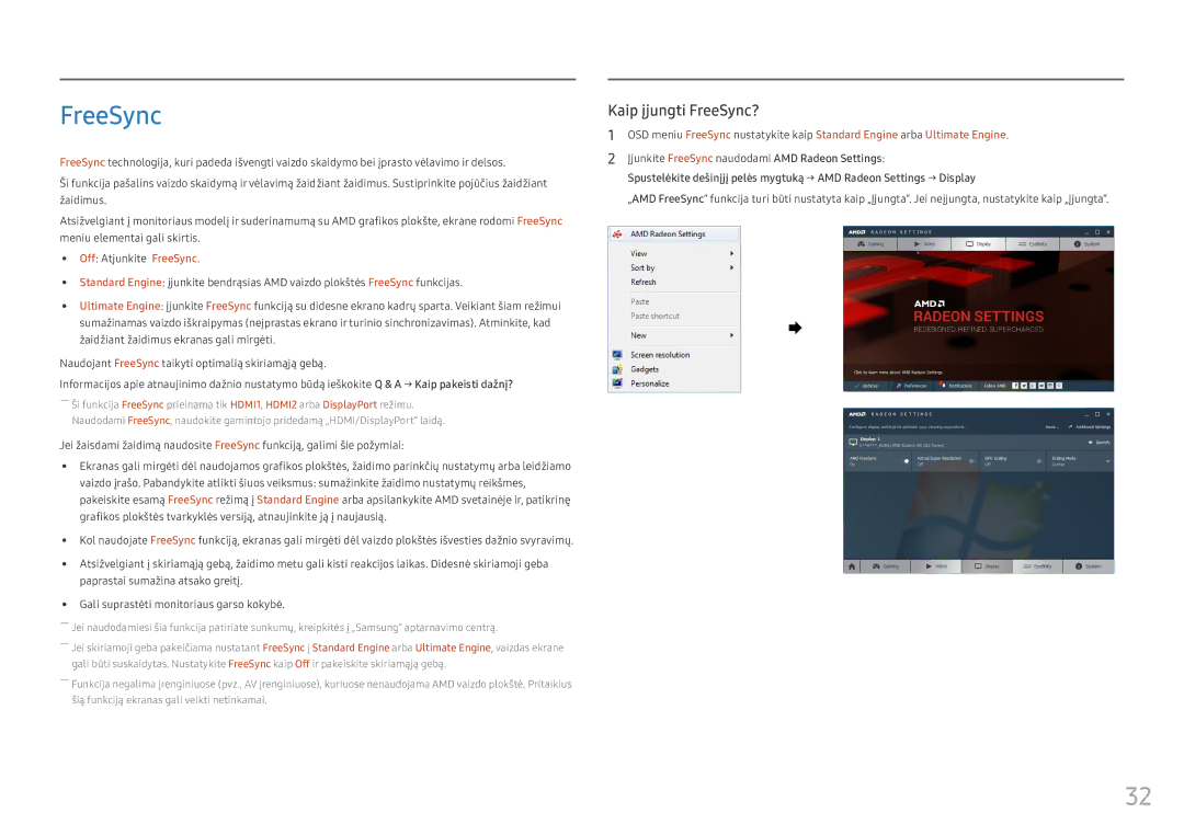 Samsung LS25HG50FQUXEN manual Įjunkite FreeSync naudodami AMD Radeon Settings 