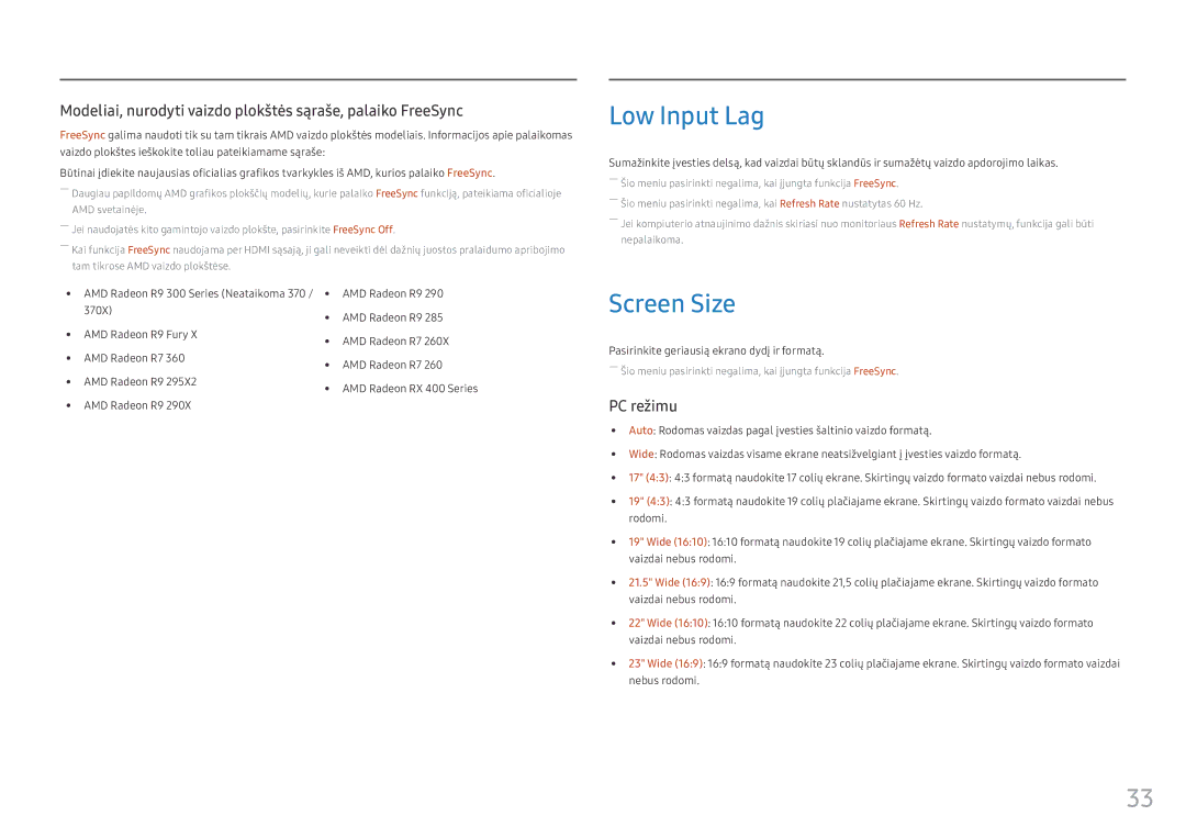 Samsung LS25HG50FQUXEN manual Low Input Lag, Screen Size, Pasirinkite geriausią ekrano dydį ir formatą 