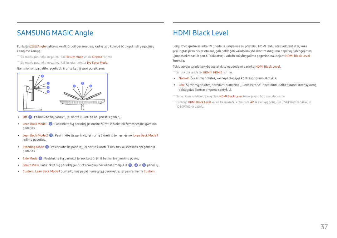 Samsung LS25HG50FQUXEN manual Samsung Magic Angle, Hdmi Black Level, Padėties, Režimo padėties 