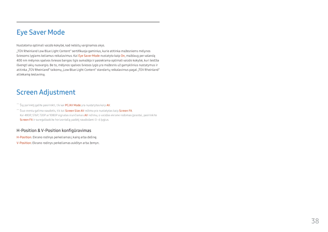 Samsung LS25HG50FQUXEN manual Eye Saver Mode, Screen Adjustment 