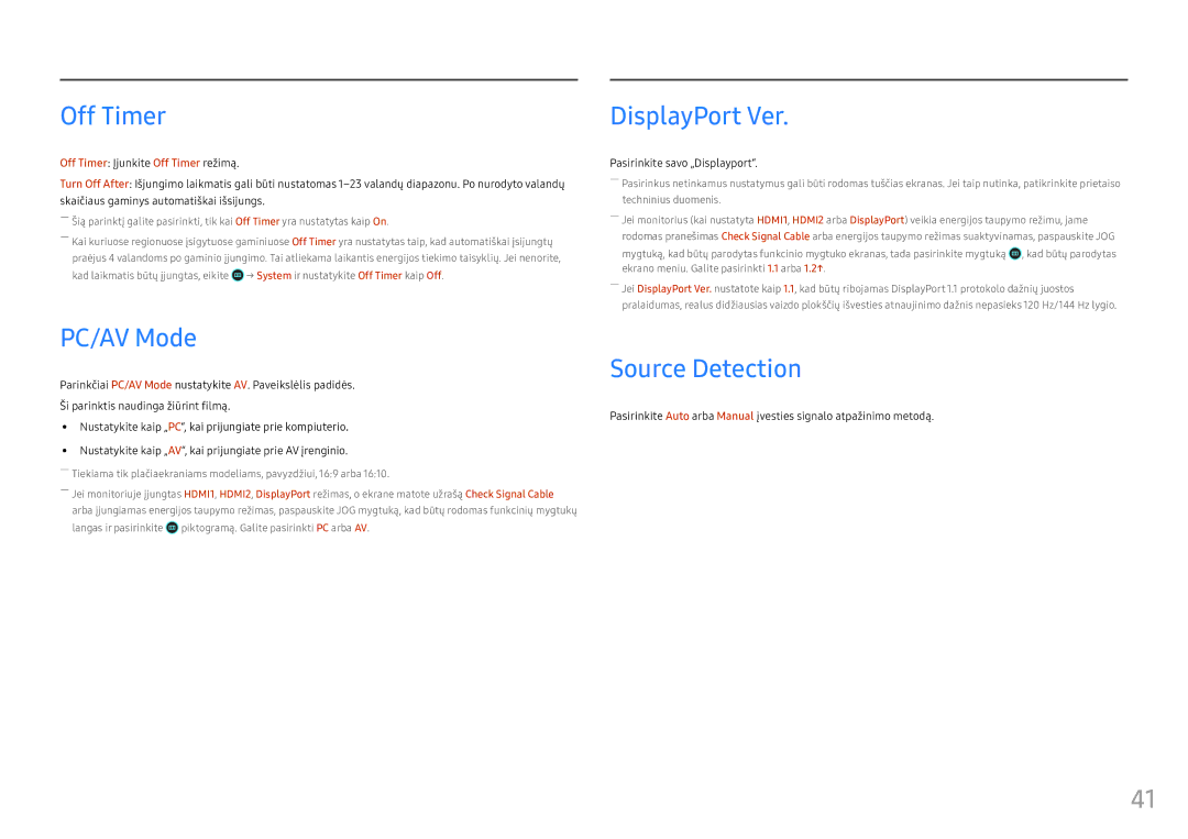 Samsung LS25HG50FQUXEN manual Off Timer, PC/AV Mode, DisplayPort Ver, Source Detection, Pasirinkite savo „Displayport 