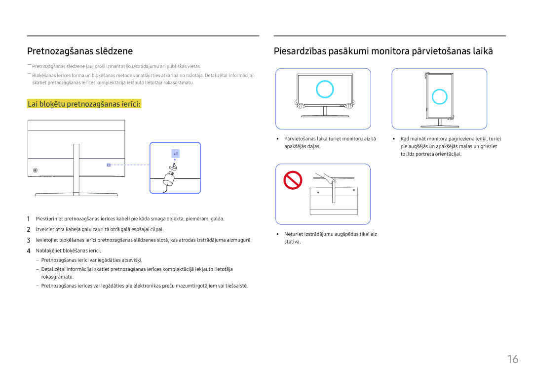 Samsung LS25HG50FQUXEN manual Pretnozagšanas slēdzene, Pārvietošanas laikā turiet monitoru aiz tā apakšējās daļas 