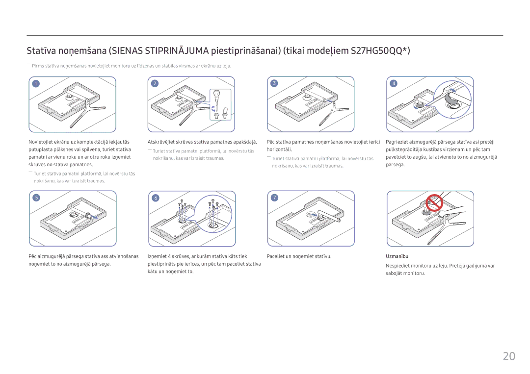 Samsung LS25HG50FQUXEN manual Atskrūvējiet skrūves statīva pamatnes apakšdaļā 