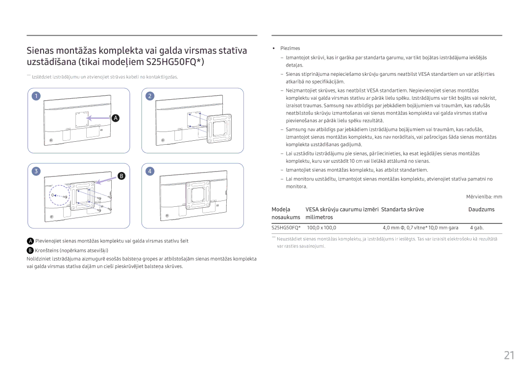 Samsung LS25HG50FQUXEN manual S25HG50FQ 100,0 x 100,0 Mm Φ, 0,7 vītne* 10,0 mm gara Gab 