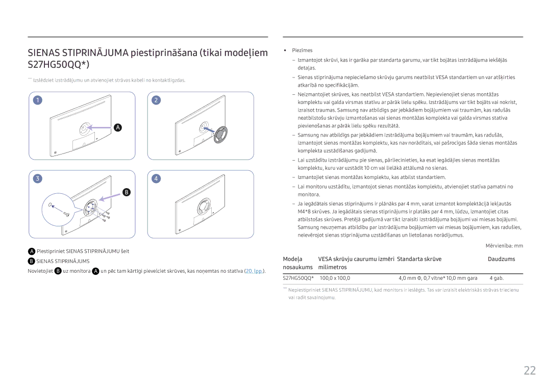 Samsung LS25HG50FQUXEN manual Piestipriniet Sienas Stiprinājumu šeit, Novietojiet B uz monitora 