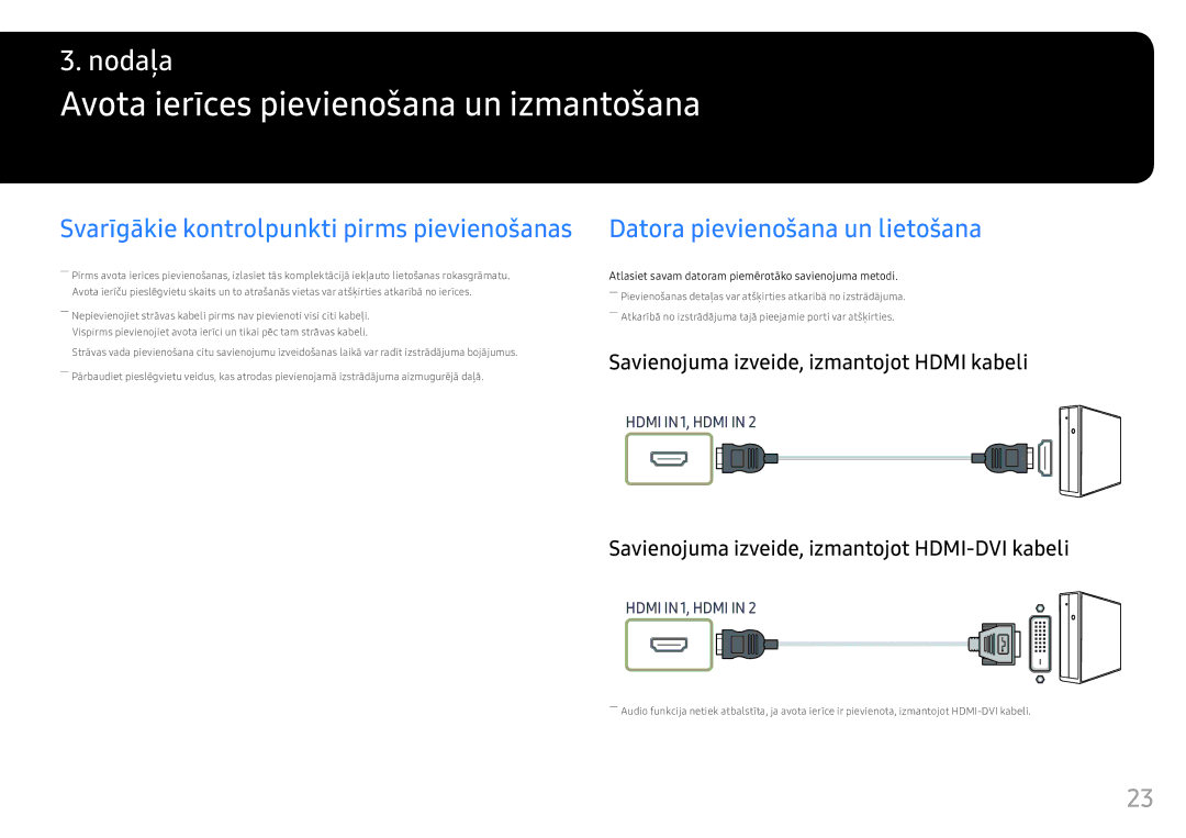 Samsung LS25HG50FQUXEN manual Avota ierīces pievienošana un izmantošana, Datora pievienošana un lietošana 