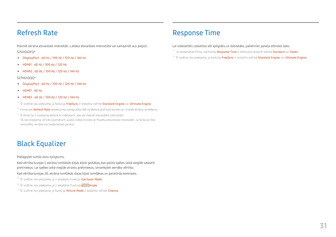 Samsung LS25HG50FQUXEN manual Refresh Rate, Black Equalizer, Response Time, S27HG50QQ 