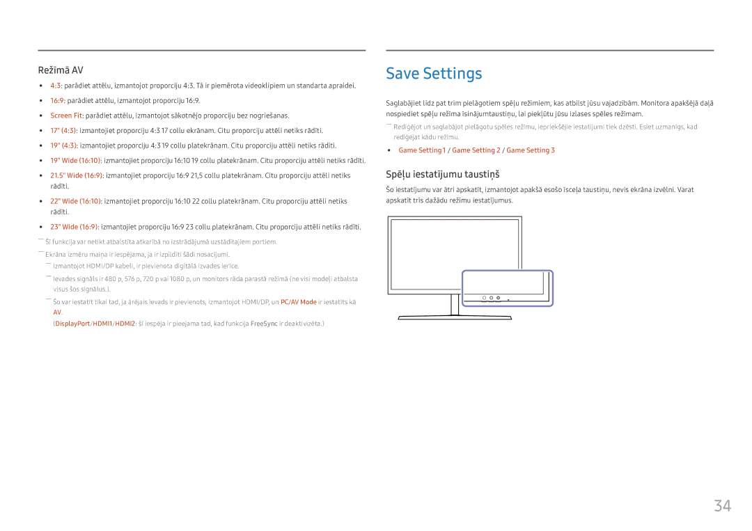 Samsung LS25HG50FQUXEN manual Save Settings, Spēļu iestatījumu taustiņš 