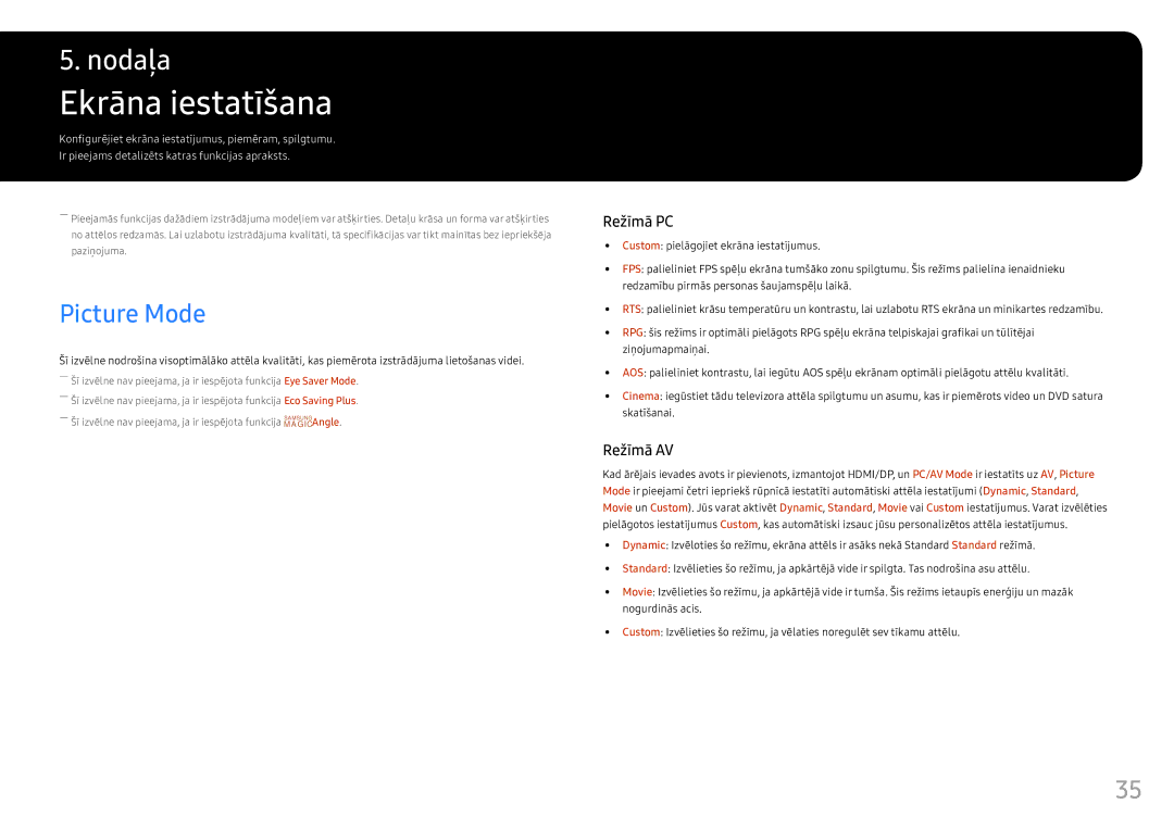 Samsung LS25HG50FQUXEN manual Ekrāna iestatīšana, Picture Mode 
