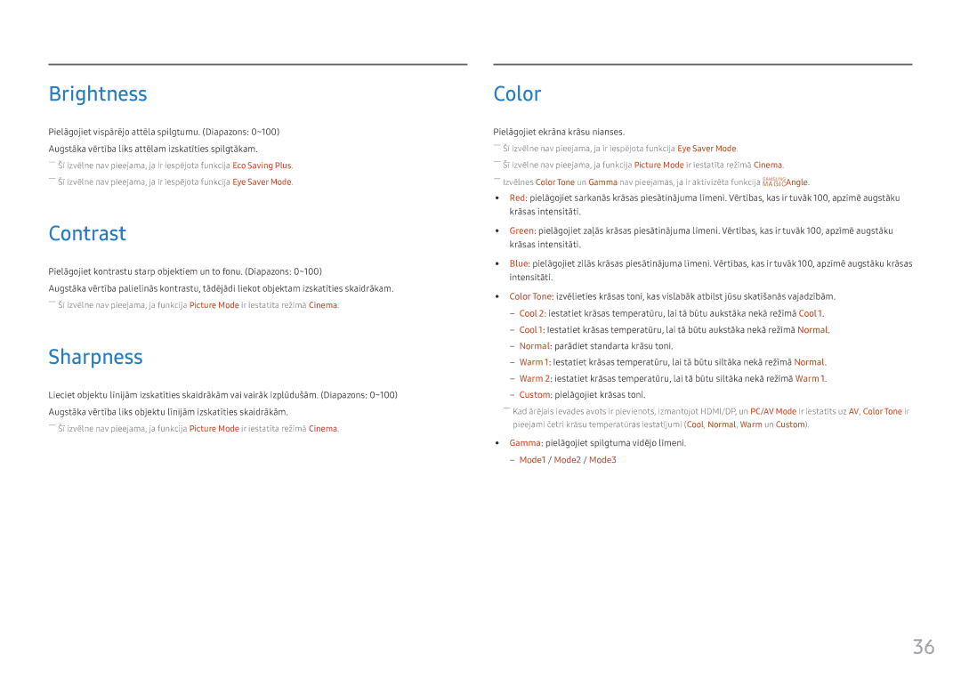 Samsung LS25HG50FQUXEN manual Brightness, Contrast, Sharpness, Color, Pielāgojiet ekrāna krāsu nianses 