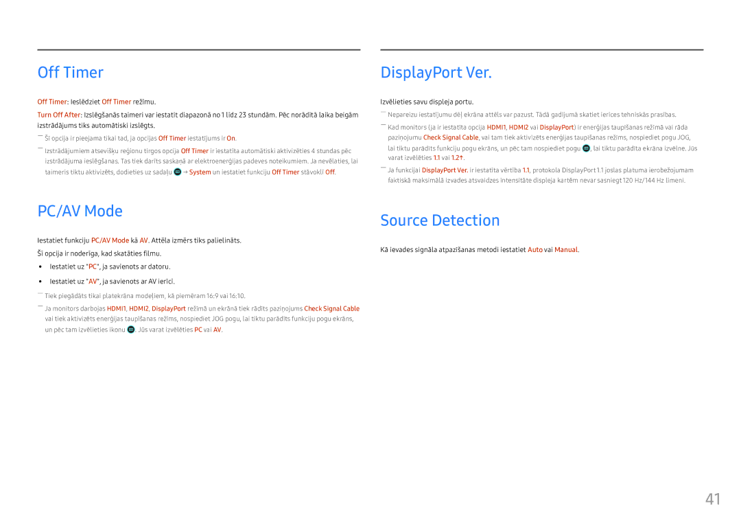 Samsung LS25HG50FQUXEN manual Off Timer, DisplayPort Ver, PC/AV Mode, Source Detection, Izvēlieties savu displeja portu 