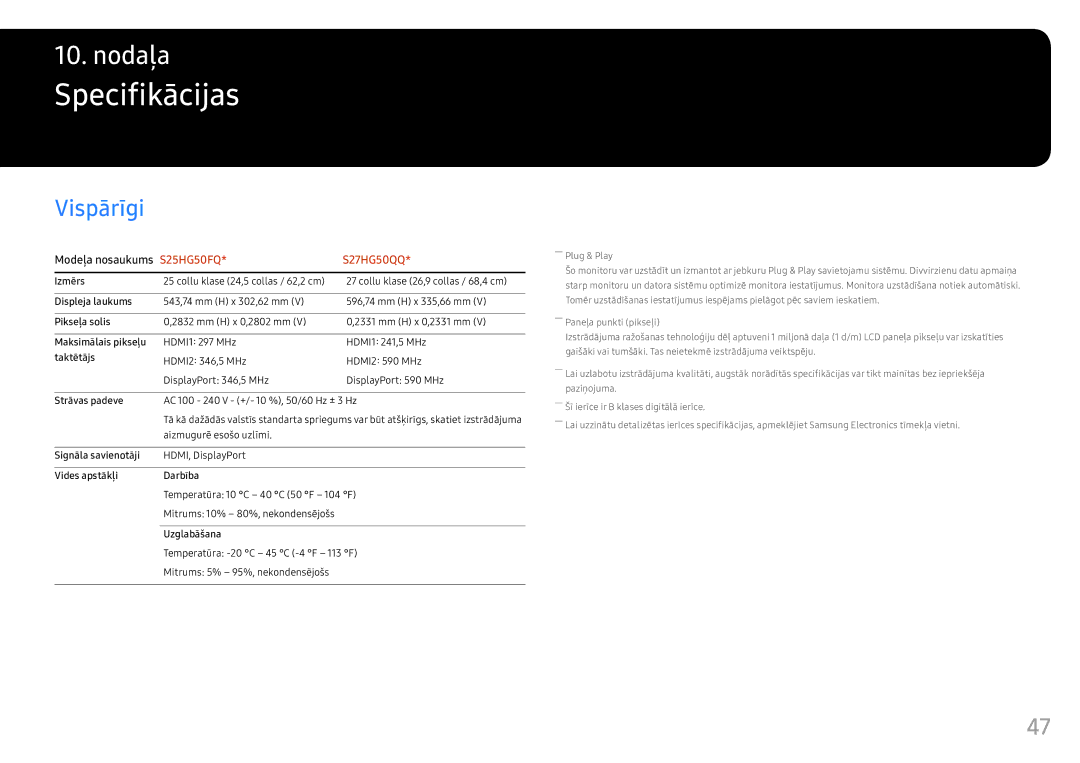 Samsung LS25HG50FQUXEN manual Specifikācijas, Vispārīgi 