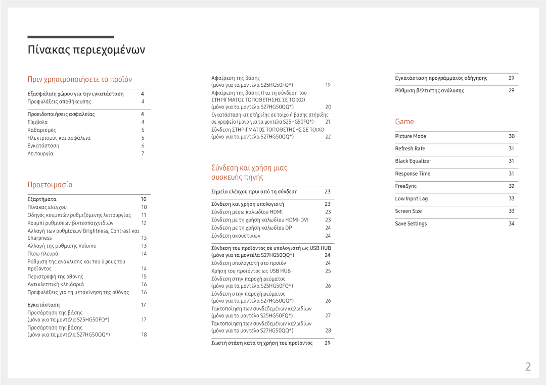 Samsung LS25HG50FQUXEN manual Πίνακας περιεχομένων 