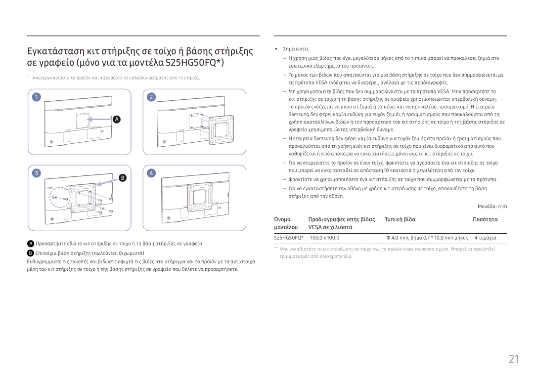 Samsung LS25HG50FQUXEN manual Όνομα Προδιαγραφές οπής βίδας Τυπική βίδα, Μοντέλου Vesa σε χιλιοστά 