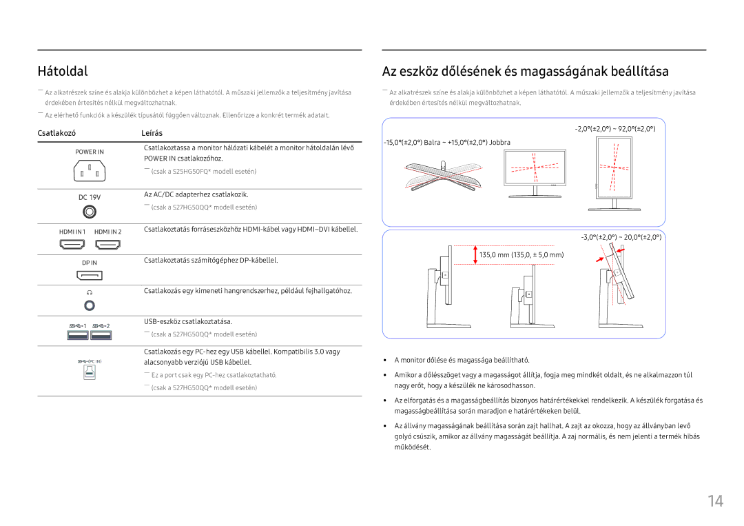 Samsung LS25HG50FQUXEN Hátoldal, Az eszköz dőlésének és magasságának beállítása, Csatlakoztatás számítógéphez DP-kábellel 