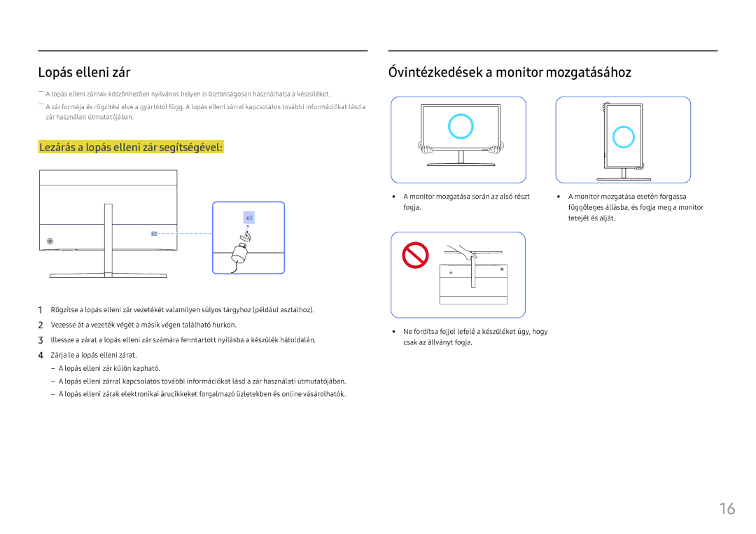 Samsung LS25HG50FQUXEN manual Lopás elleni zár, Óvintézkedések a monitor mozgatásához 