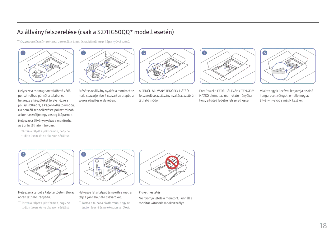 Samsung LS25HG50FQUXEN manual Az állvány felszerelése csak a S27HG50QQ* modell esetén 