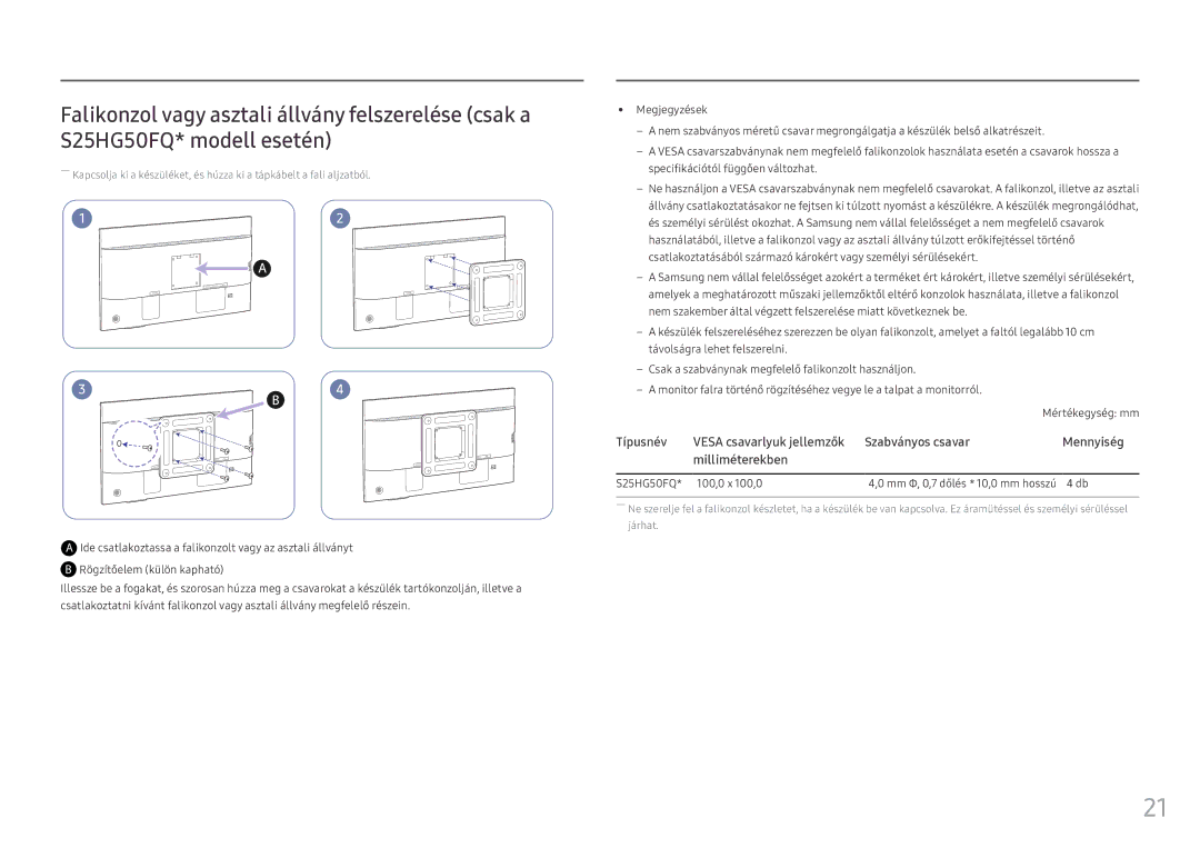 Samsung LS25HG50FQUXEN manual S25HG50FQ 100,0 x 100,0, Mm Φ, 0,7 dőlés * 10,0 mm hosszú 