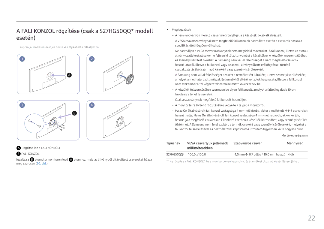 Samsung LS25HG50FQUXEN manual Fali Konzol rögzítése csak a S27HG50QQ* modell esetén, Igazítsa a B elemet a monitoron levő 