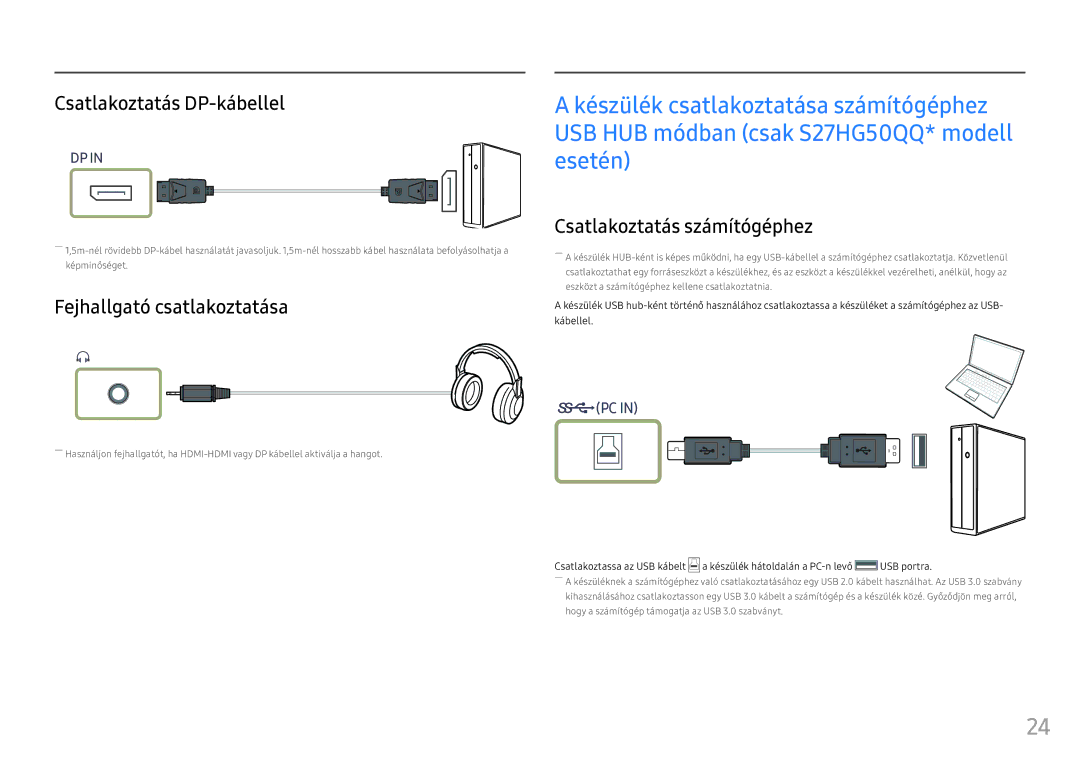 Samsung LS25HG50FQUXEN manual Csatlakoztatás DP-kábellel, Fejhallgató csatlakoztatása, Csatlakoztatás számítógéphez 