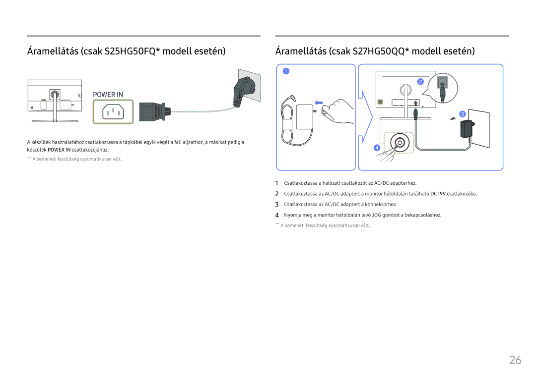 Samsung LS25HG50FQUXEN manual Áramellátás csak S25HG50FQ* modell esetén, Áramellátás csak S27HG50QQ* modell esetén 