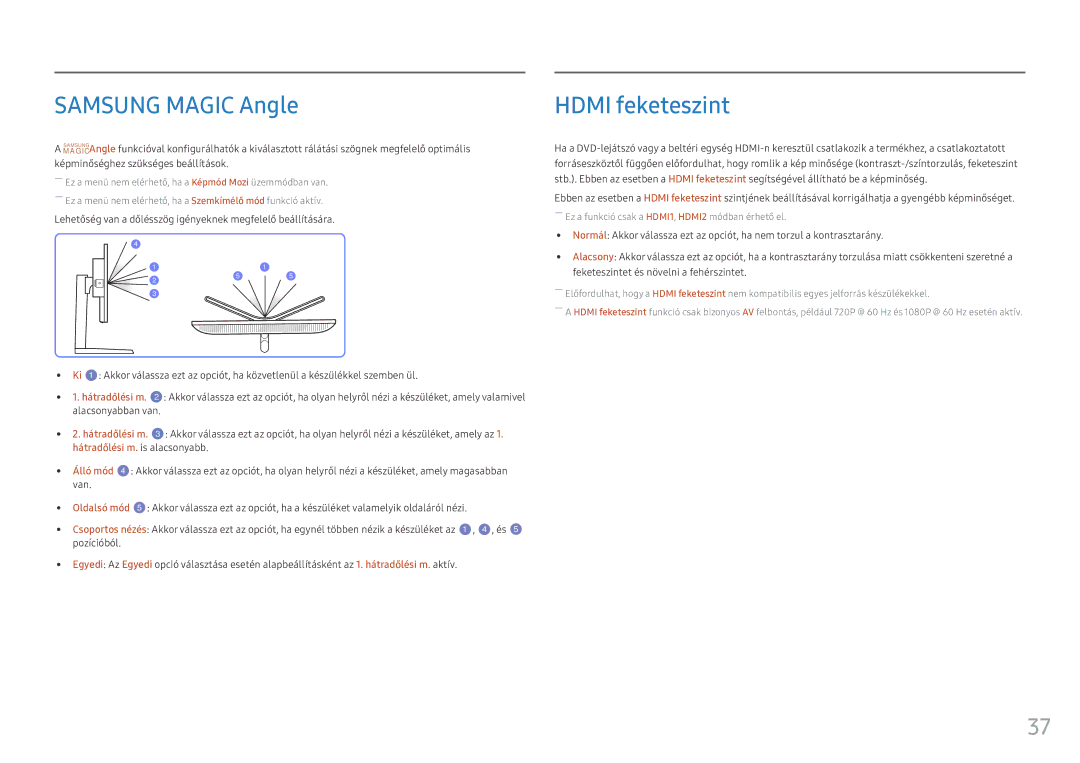 Samsung LS25HG50FQUXEN manual Samsung Magic Angle, Hdmi feketeszint, Hátradőlési m. is alacsonyabb 