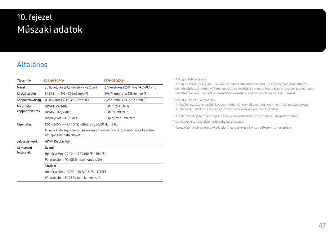 Samsung LS25HG50FQUXEN manual Műszaki adatok, Általános 