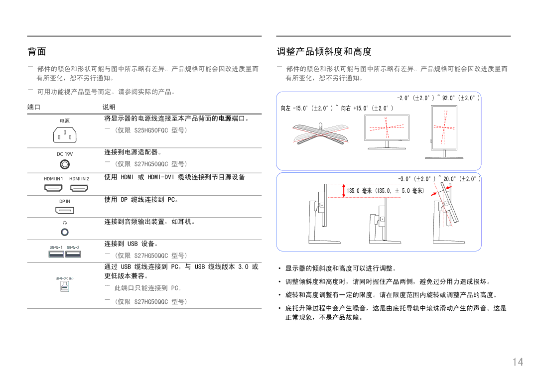 Samsung LS25HG50FQUXEN manual 调整产品倾斜度和高度, ――此端口只能连接到 Pc。 