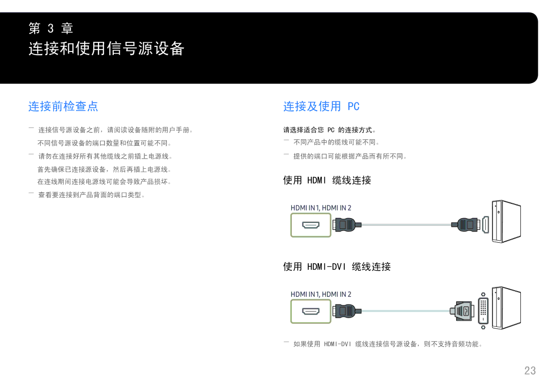 Samsung LS25HG50FQUXEN manual 连接和使用信号源设备, 连接前检查点 连接及使用 Pc, 使用 Hdmi 缆线连接 