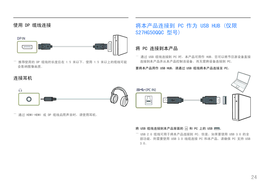 Samsung LS25HG50FQUXEN manual 将本产品连接到 PC 作为 USB HUB 仅限 S27HG50QQC 型号, 使用 Dp 缆线连接, Pc 连接到本产品, 连接耳机 