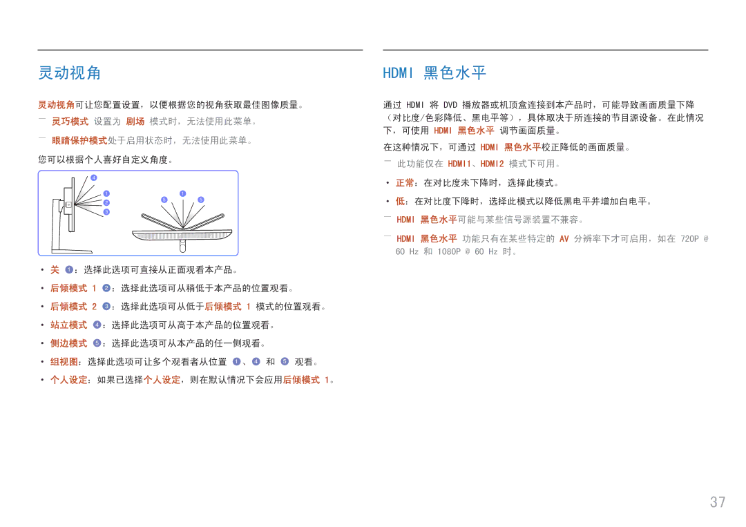 Samsung LS25HG50FQUXEN manual 灵动视角, Hdmi 黑色水平 