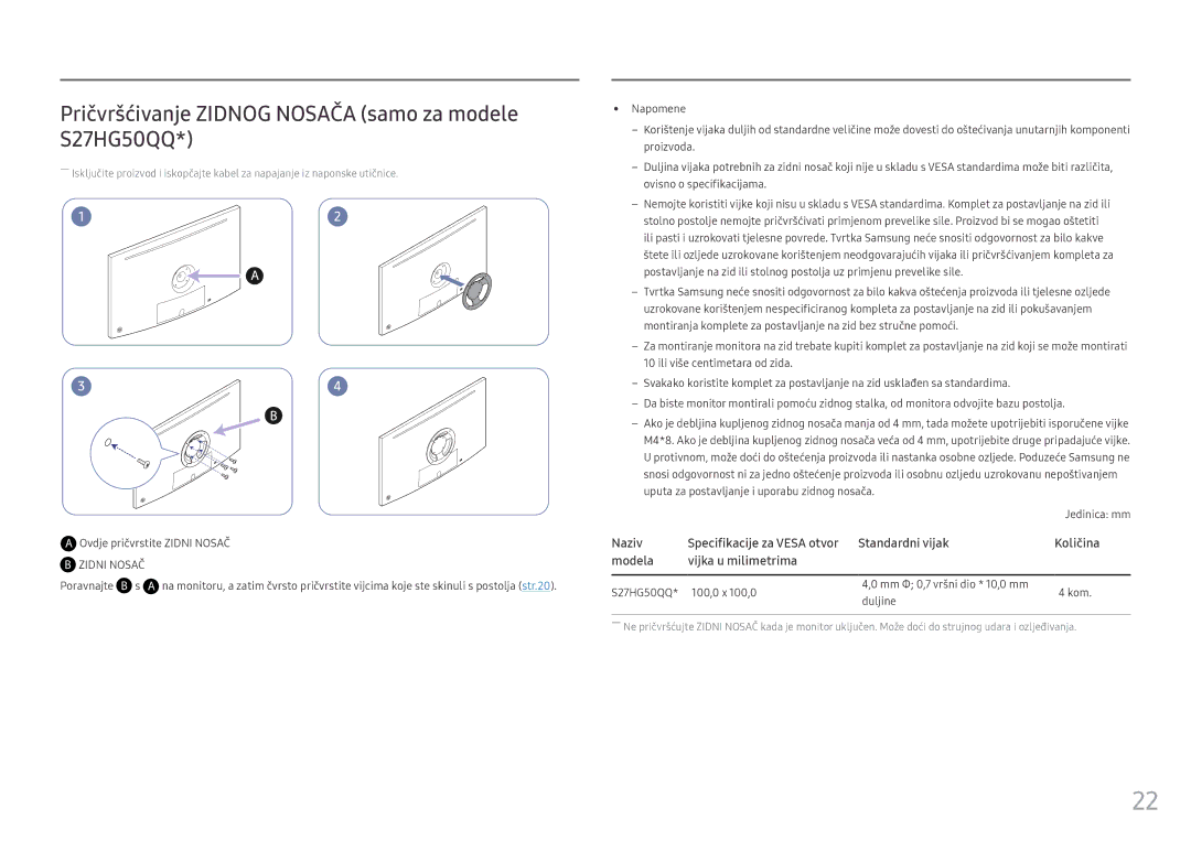 Samsung LS25HG50FQUXEN manual Pričvršćivanje Zidnog Nosača samo za modele S27HG50QQ, Poravnajte B s 