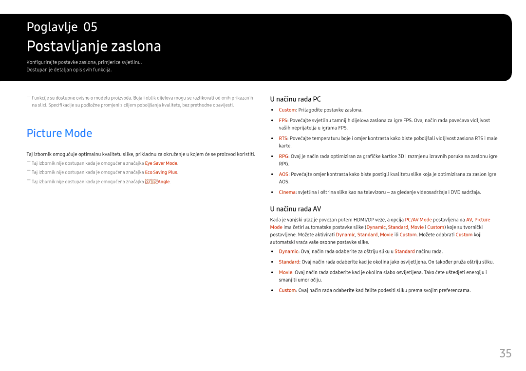 Samsung LS25HG50FQUXEN manual Postavljanje zaslona, Picture Mode 