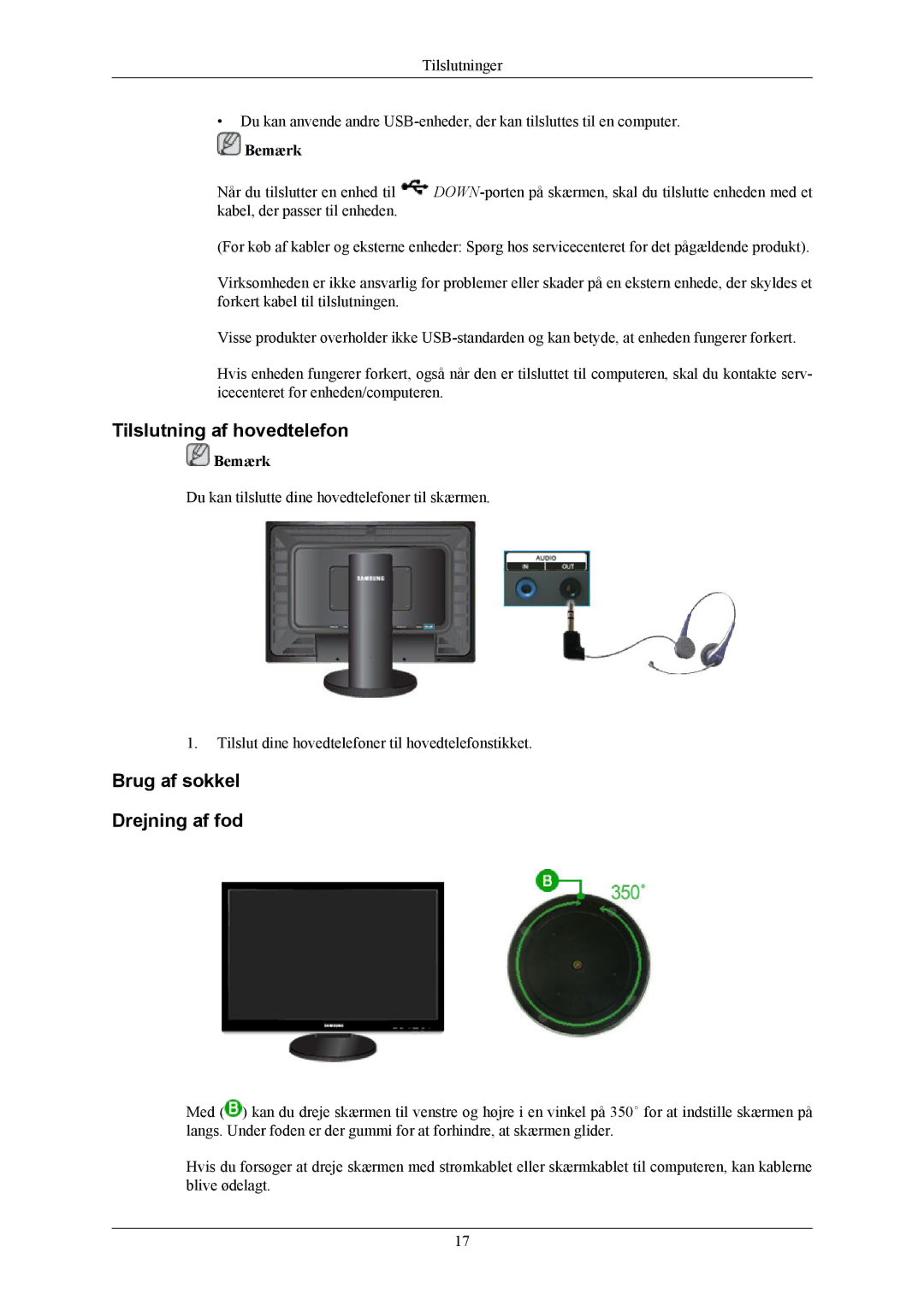 Samsung LS24KIERBQ/EDC, LS26KIERBV/EDC, LS24KIEEFV/EDC manual Tilslutning af hovedtelefon, Brug af sokkel Drejning af fod 