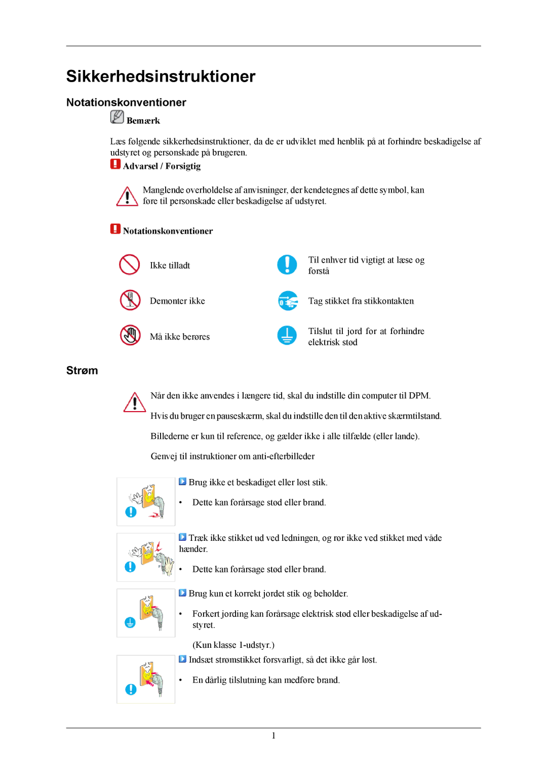 Samsung LS24KIERBQ/EDC, LS26KIERBV/EDC, LS24KIEEFV/EDC manual Sikkerhedsinstruktioner, Notationskonventioner, Strøm, Bemærk 