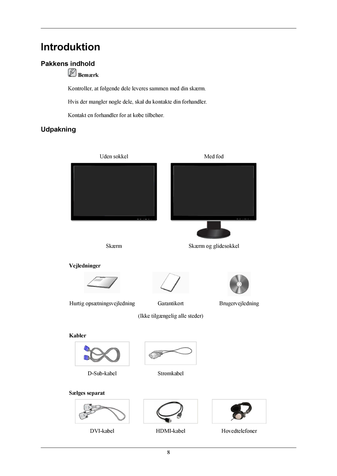 Samsung LS24KIEEFV/EDC, LS26KIERBV/EDC, LS24KIERBQ/EDC, LS26KIEEFV/EDC manual Introduktion, Pakkens indhold, Udpakning 