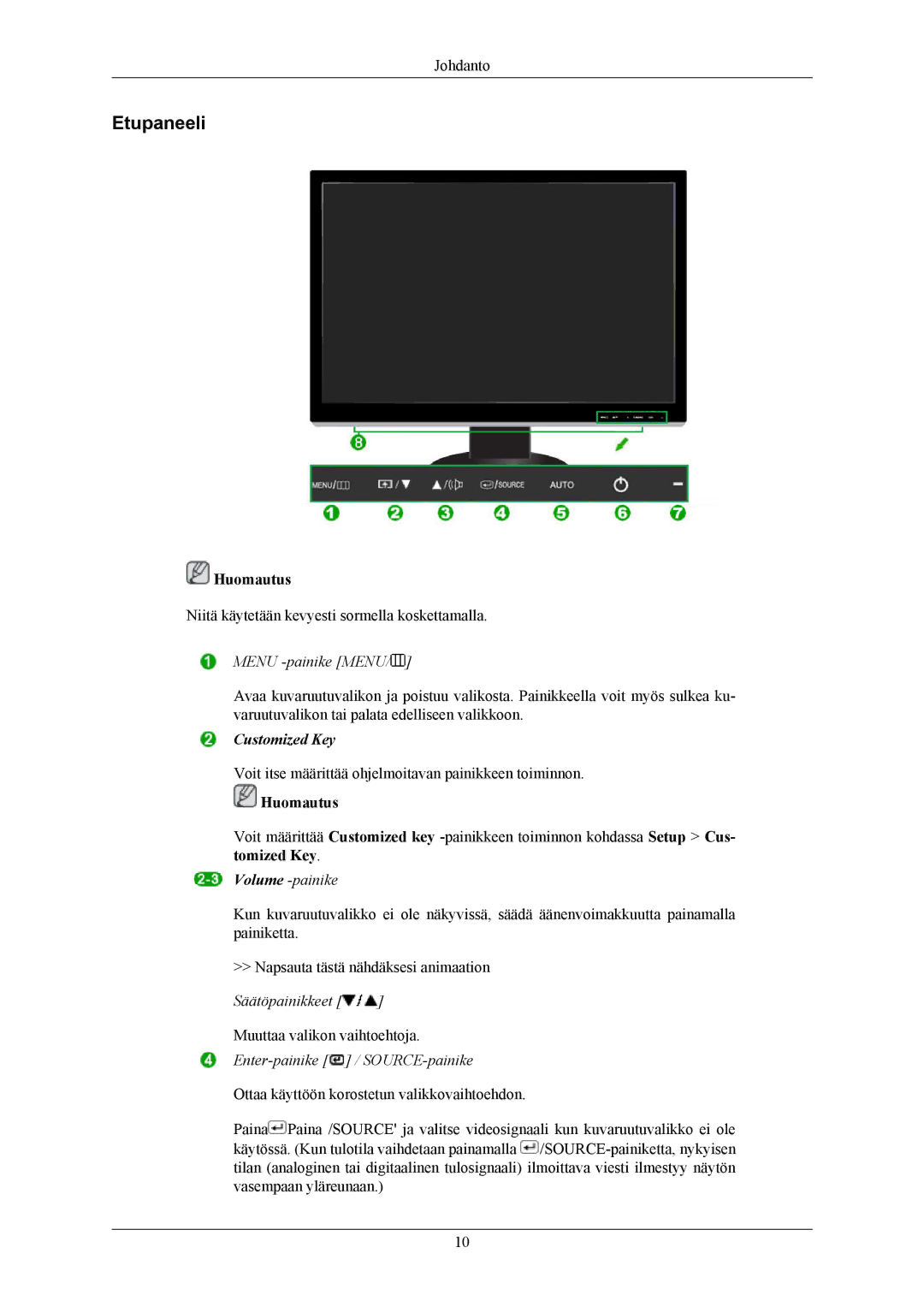 Samsung LS26KIEEFV/EDC, LS26KIERBV/EDC, LS24KIEEFV/EDC, LS24KIERBQ/EDC manual Etupaneeli, Menu -painike Menu 