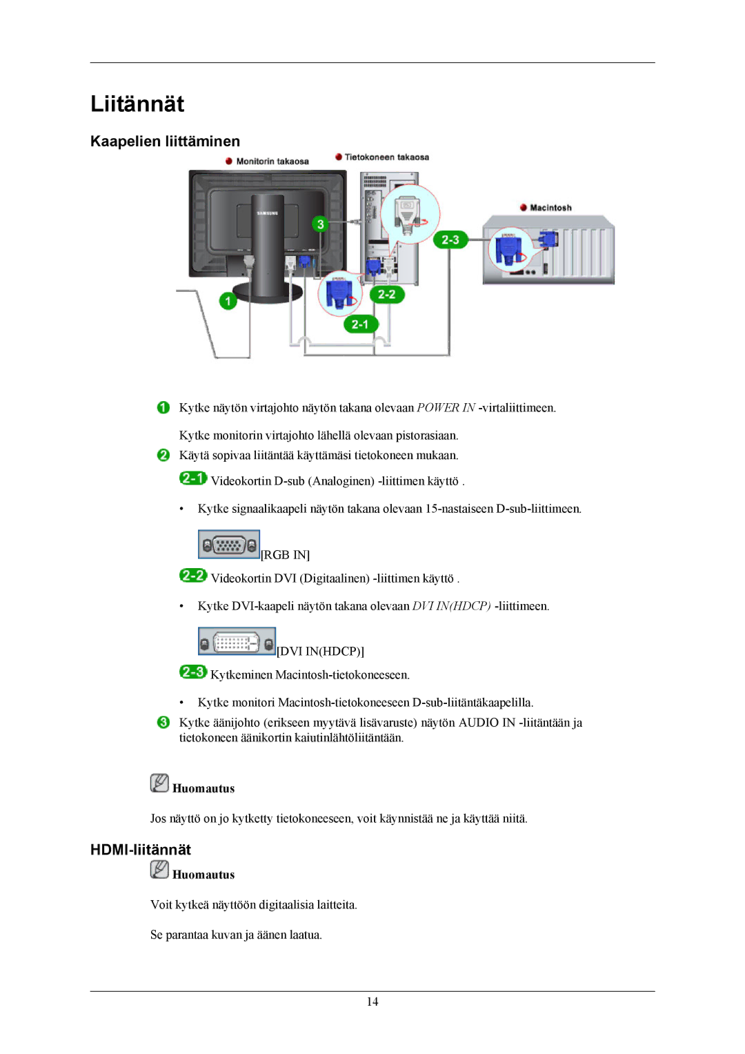 Samsung LS26KIEEFV/EDC, LS26KIERBV/EDC, LS24KIEEFV/EDC, LS24KIERBQ/EDC manual Liitännät, Kaapelien liittäminen, HDMI-liitännät 