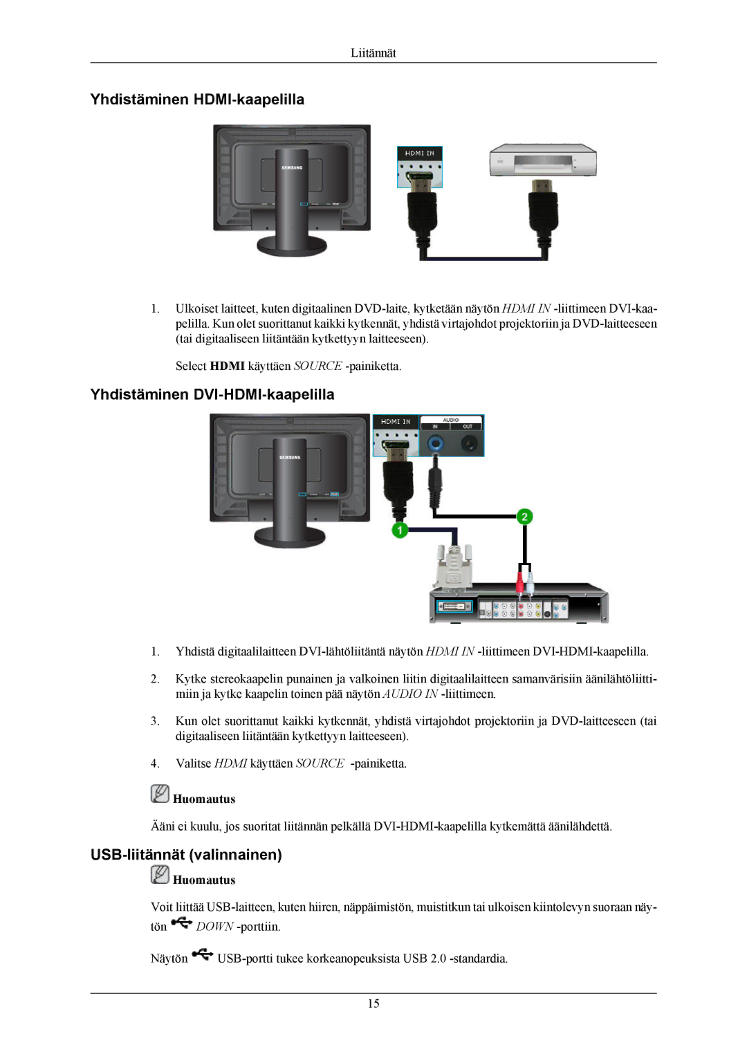 Samsung LS26KIERBV/EDC manual Yhdistäminen HDMI-kaapelilla, Yhdistäminen DVI-HDMI-kaapelilla, USB-liitännät valinnainen 