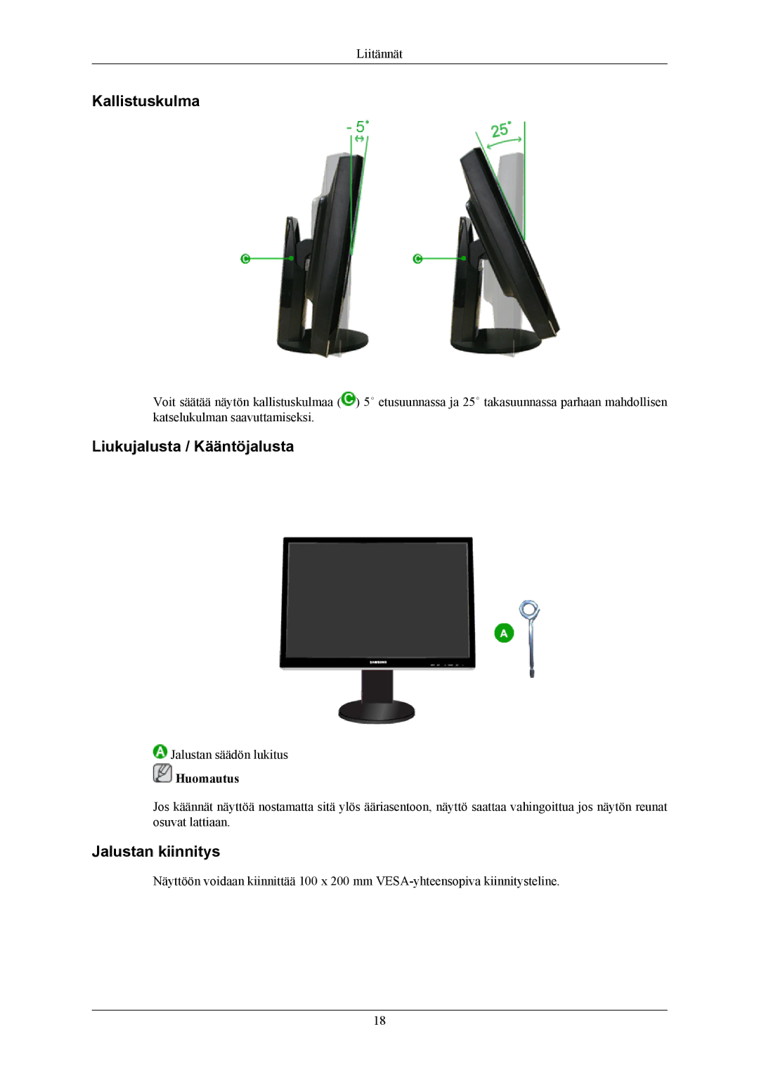 Samsung LS26KIEEFV/EDC, LS26KIERBV/EDC, LS24KIEEFV/EDC Kallistuskulma, Liukujalusta / Kääntöjalusta, Jalustan kiinnitys 